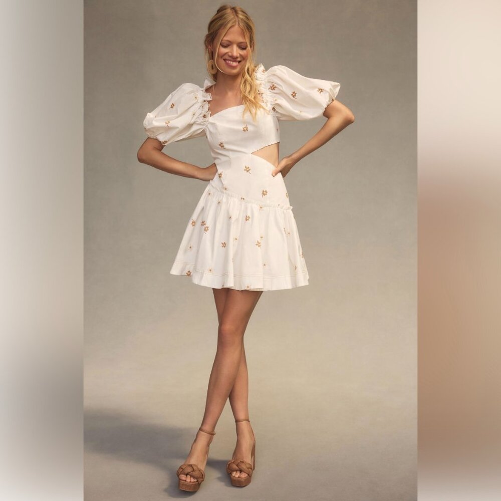 NWT En Saison Square Neck Puff Sleeve Mini Dress White Gold Embroidery Med